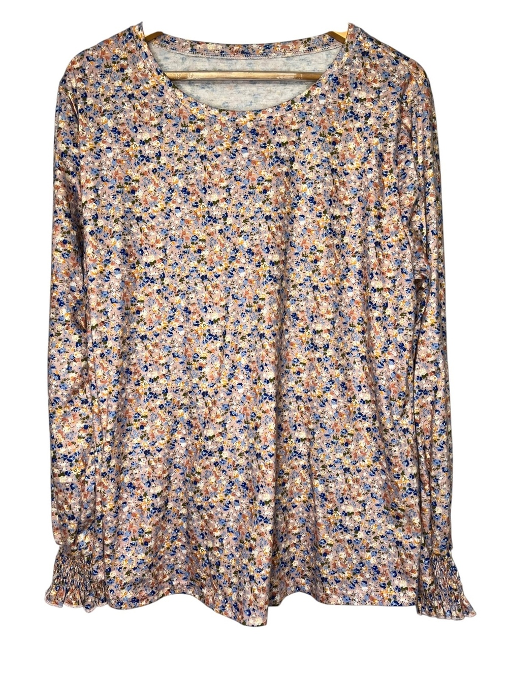 Womens Floral Long Sleeve Top XXL Smocked Cuffs Pink Blue Ditsy Cottagecore